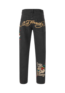 Mens Death Before Tattoo Graphic Denim Trousers Jeans - Black
