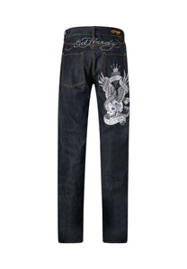 Mens Nyc-Skull-Tatt Embroidered Denim Trousers Jeans - Indigo