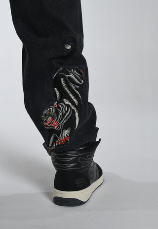 Mens Panther-Crouch-Leap Tattoo Graphic Relaxed Denim Trousers Jeans - Black
