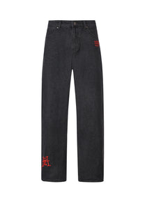 Mens Snake Sever Tattoo Graphic Relaxed Denim Trousers Jeans - Black
