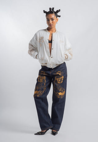 Womens Traditional Geisha Tonal Relaxed Denim Trousers Jeans - Indigo