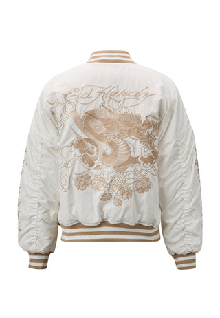 Womens Vintage-Dragon Varsity Bomber Jacket - White
