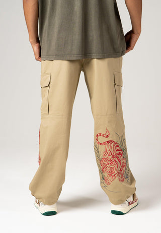 Mens Jungle Tiger Cargo Pants Trousers - Pebble
