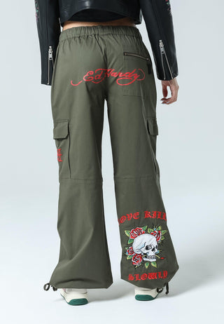 Womens Skull-Rose-La Cargo Pants Trousers - Olive