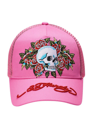 Unisex Skull-Rose Twill Front Mesh Trucker Cap - Pink