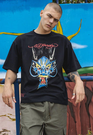 Mens Blue-Dragon Oversize T-Shirt - Black