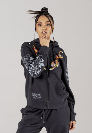 Womens Crawling-Tiger Zip Pouch Hoodie - Charcoal