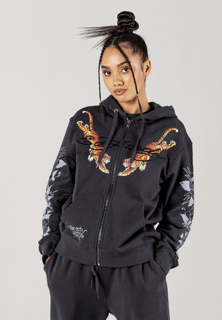 Womens Crawling-Tiger Zip Pouch Hoodie - Charcoal