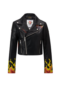 Womens Flaming Heart Leather Jacket - Black