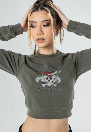Womens Love-Kills Slowly Cropped Crew Neck Jumper - Olive