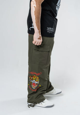 Mens Roar Tiger Cargo Pants Trousers - Olive
