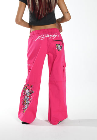 Womens Skull Blossom Cargo Pants Trousers - Pink