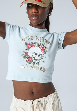 Womens Skull-Kills-Slow Cropped Baby T-Shirt  - Blue